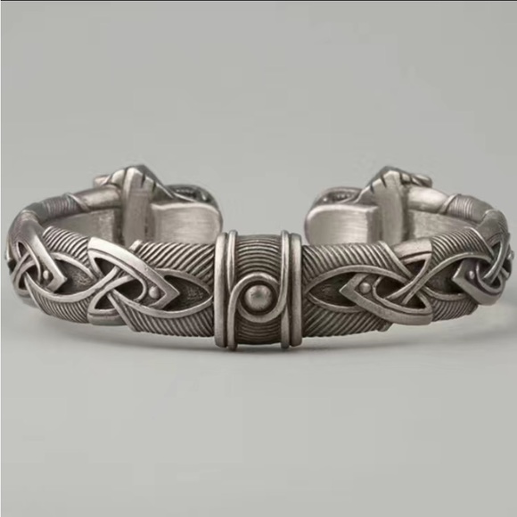 Silver Wolf Head Viking Norse Knotwork Cuff Bangle Bracelet - Picture 11 of 12